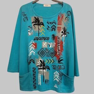 Jess & Jane Womens Tunic Top Pockets 3/4 Sleeves Turquoise Dopamine Artsy Size L